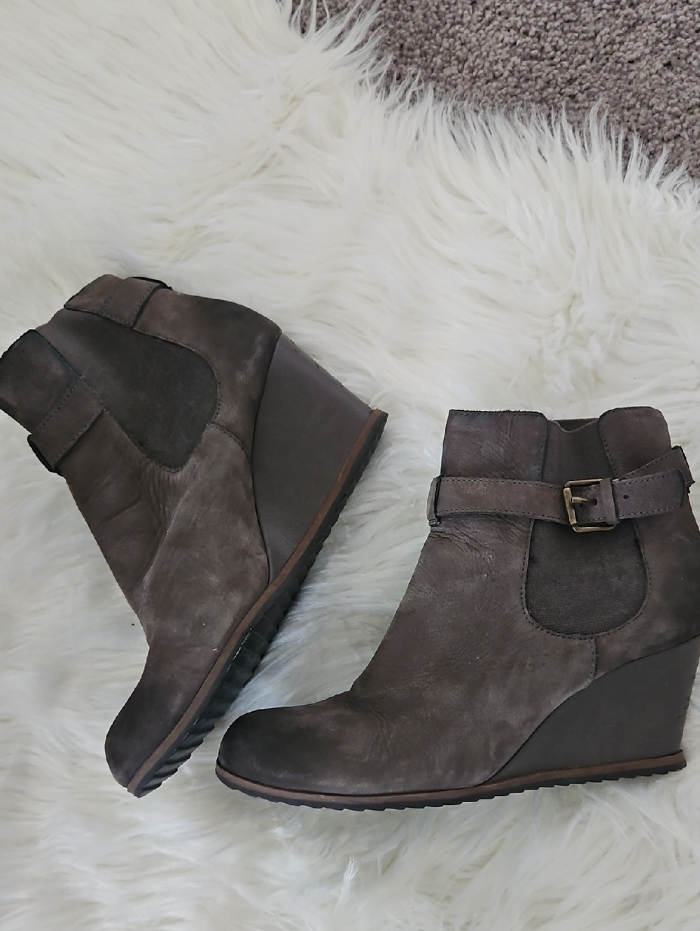 Women's Brown Wedge Ankle Booties with Buckle Strap